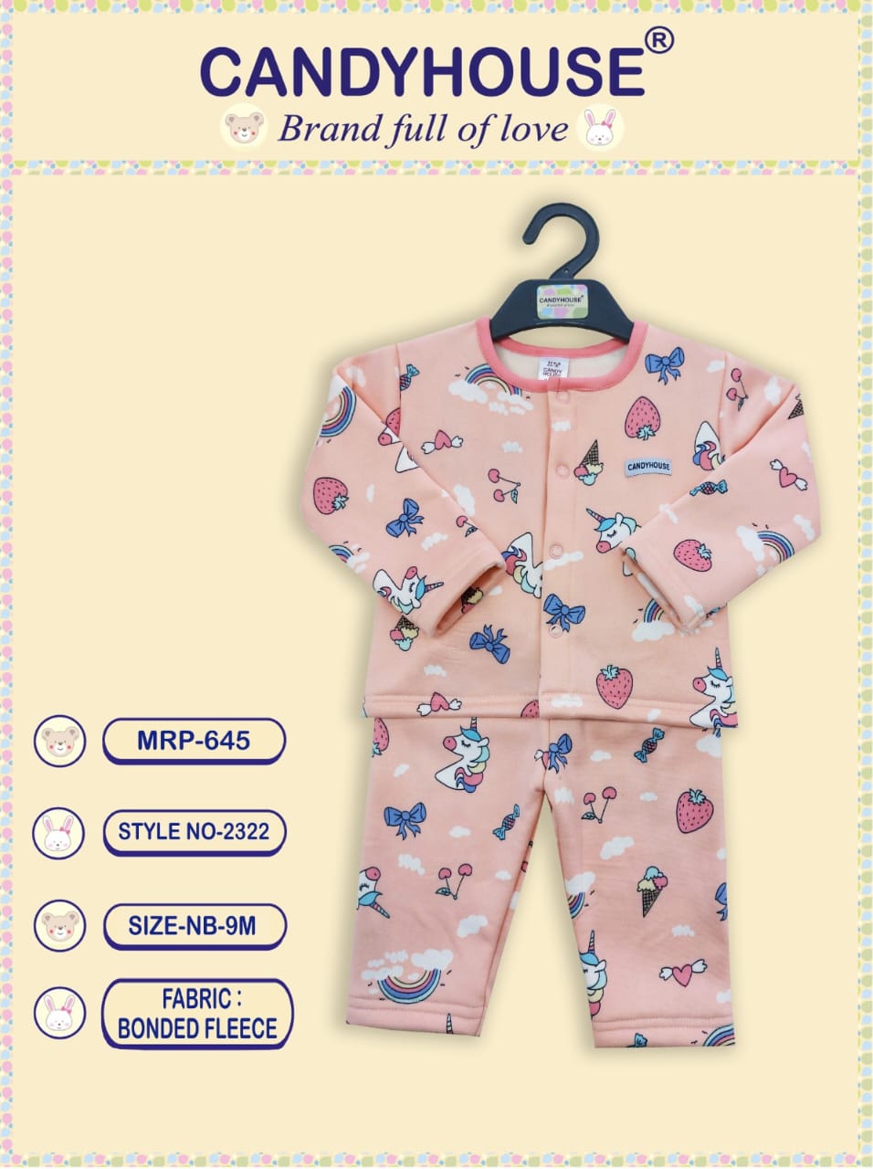 CandyHouse Woven Bonded Fleece Full Sleeves Winter Wear Front Open Top & Lounge Pant Set with Unicorn Themed Print - Peach