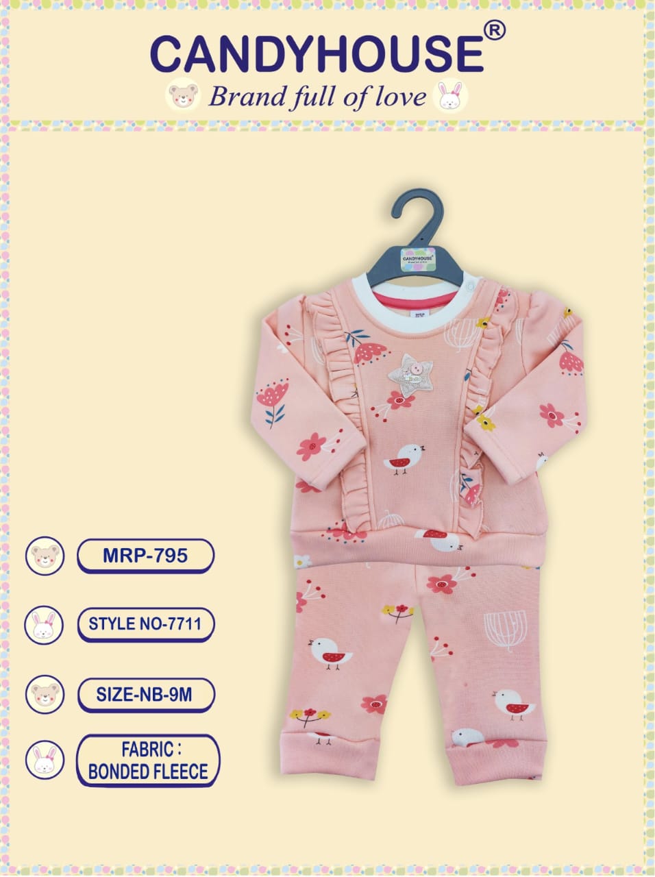 CandyHouse Woven Bonded Fleece Full Sleeves Winter Wear T shirt & Lounge Pant Set with Bird Print - Peach