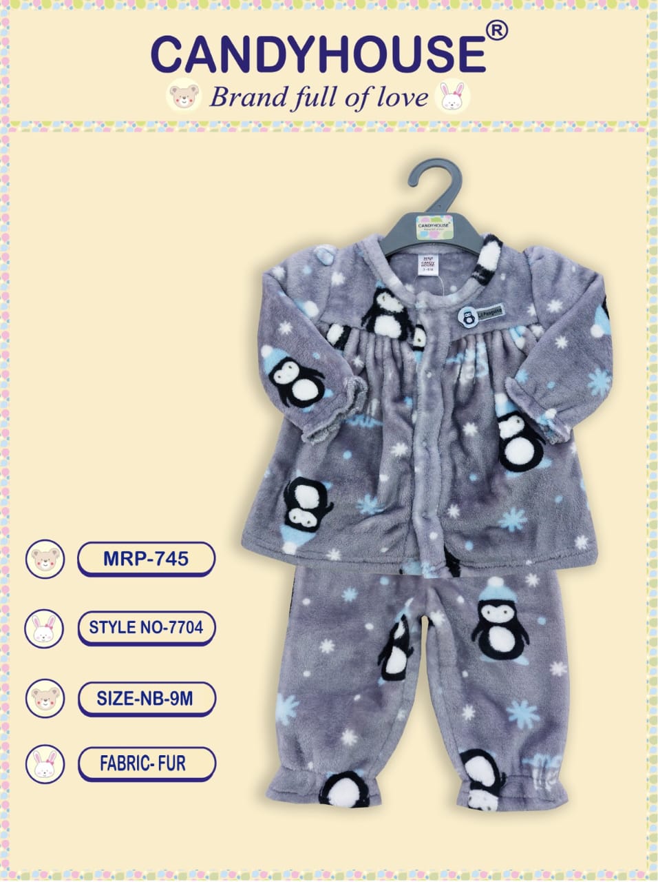 CandyHouse Fur Woven Full Sleeves Winter Wear Front Open Top & Pant Set With Penguin Print - Grey