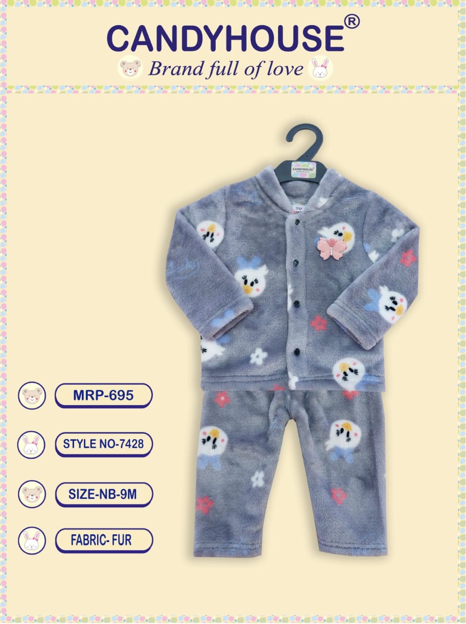 CandyHouse Fur Woven Full Sleeves Winter Wear Front Open Top & Lounge Pant Set with Chicken Print - Grey