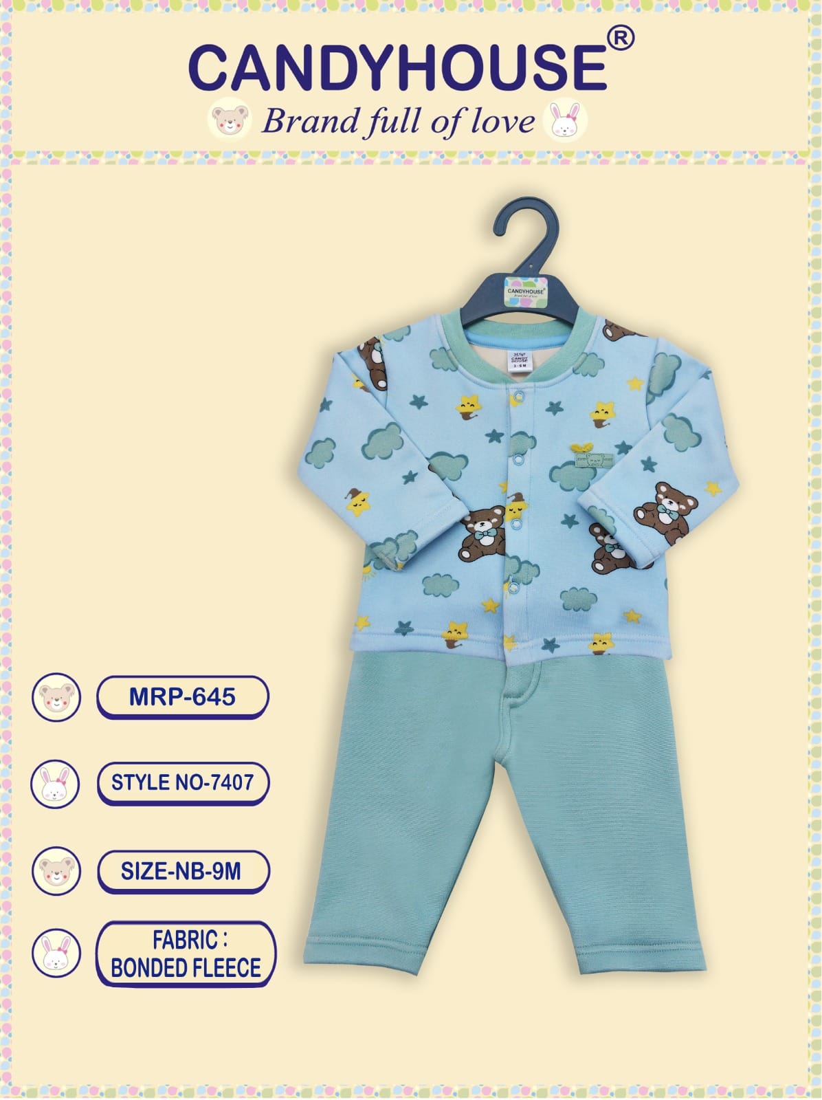 CandyHouse Woven Bonded Fleece Full Sleeves Winter Wear Front Open Top & Lounge Pant Set with Cloud and Teddy Print - Pista Green