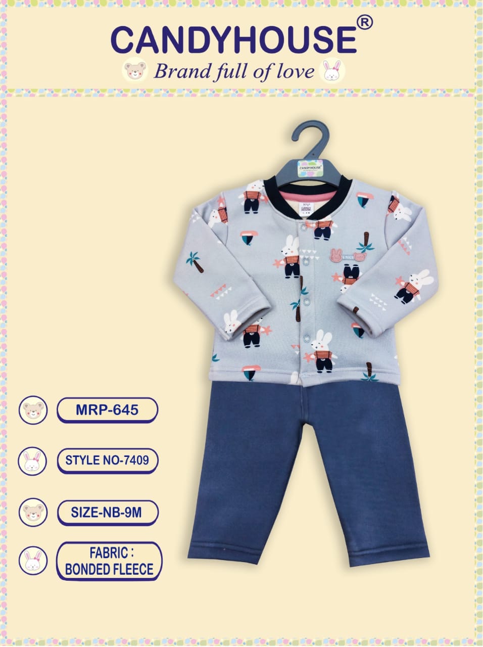 CandyHouse Woven Bonded Fleece Full Sleeves Winter Wear Front Open Top & Lounge Pant Set with Rabbit Print - Navy & Grey