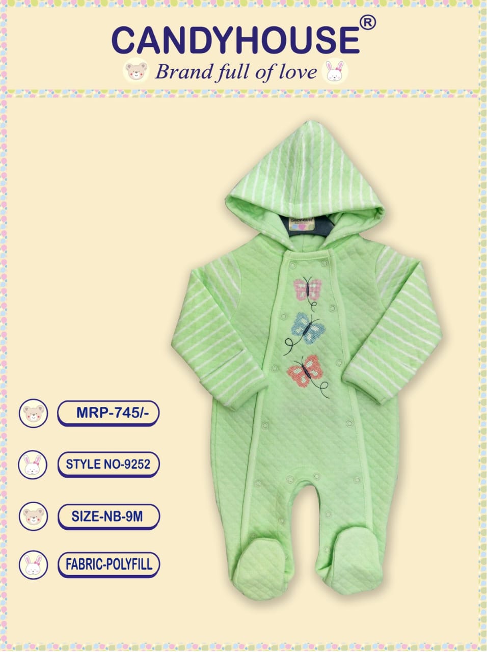 CandyHouse Full Sleeves Front Open Winter Wear Polyfill Hooded Romper with Embroidery - Green & White