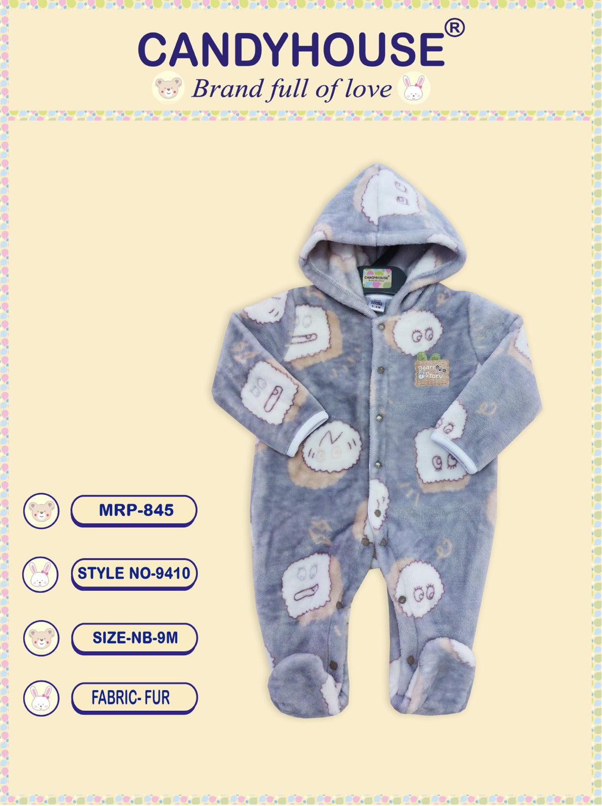 CandyHouse Full Sleeves Front Open Winter Wear Fur Hooded Romper with Sleeping Sheep Print - Grey & White