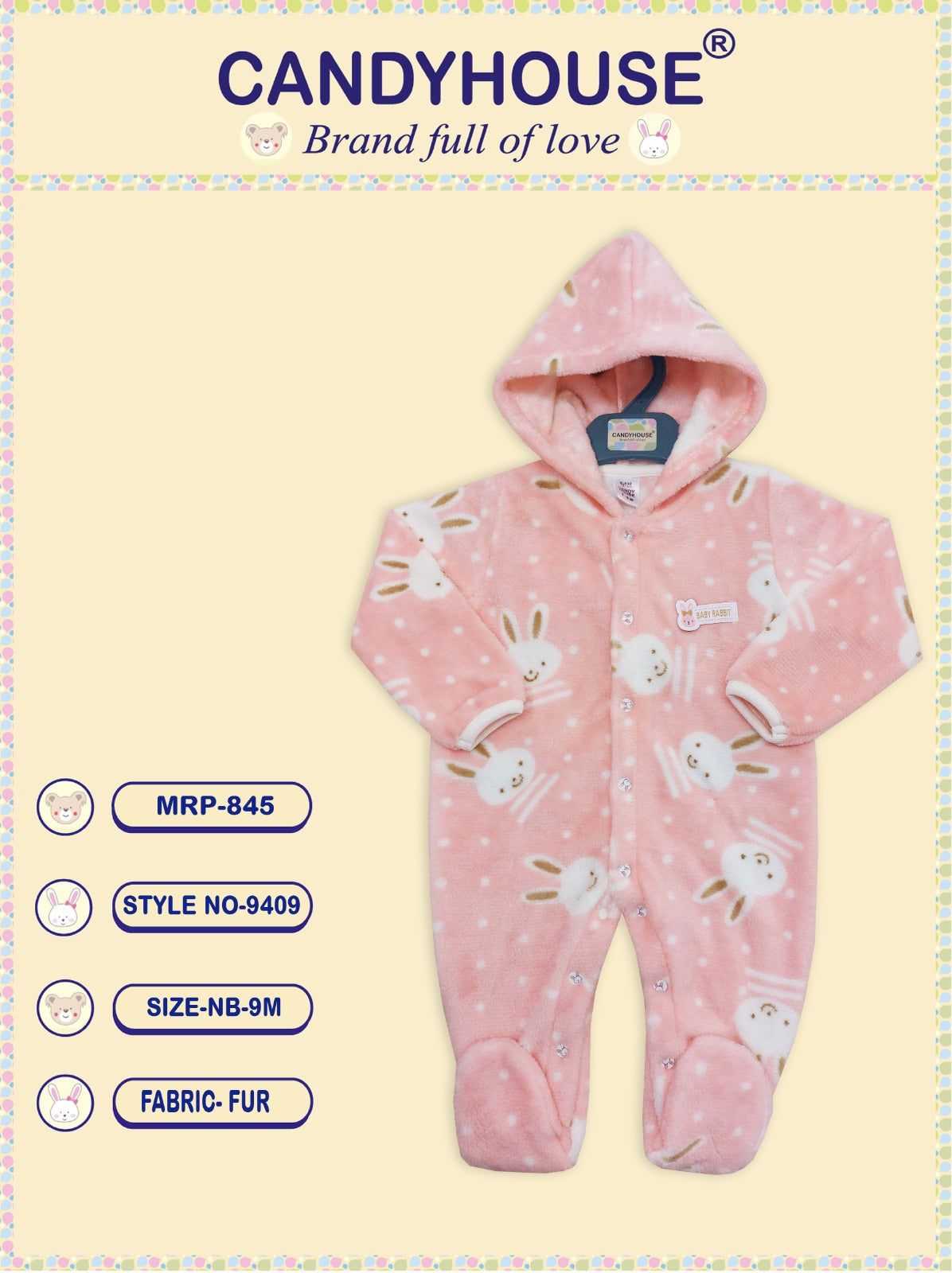 CandyHouse Full Sleeves Front Open Winter Wear Fur Hooded Romper with Dotted Teddy Print - Peach