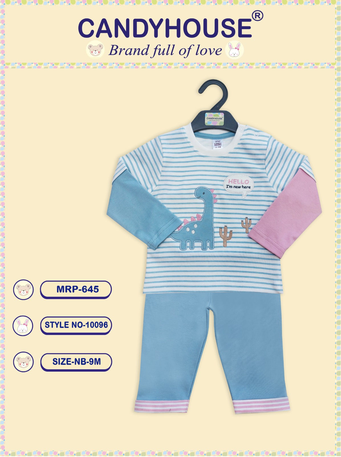 CandyHouse Interlock Knit Full Sleeves Suit With Embriodery and Striped - Blue/White