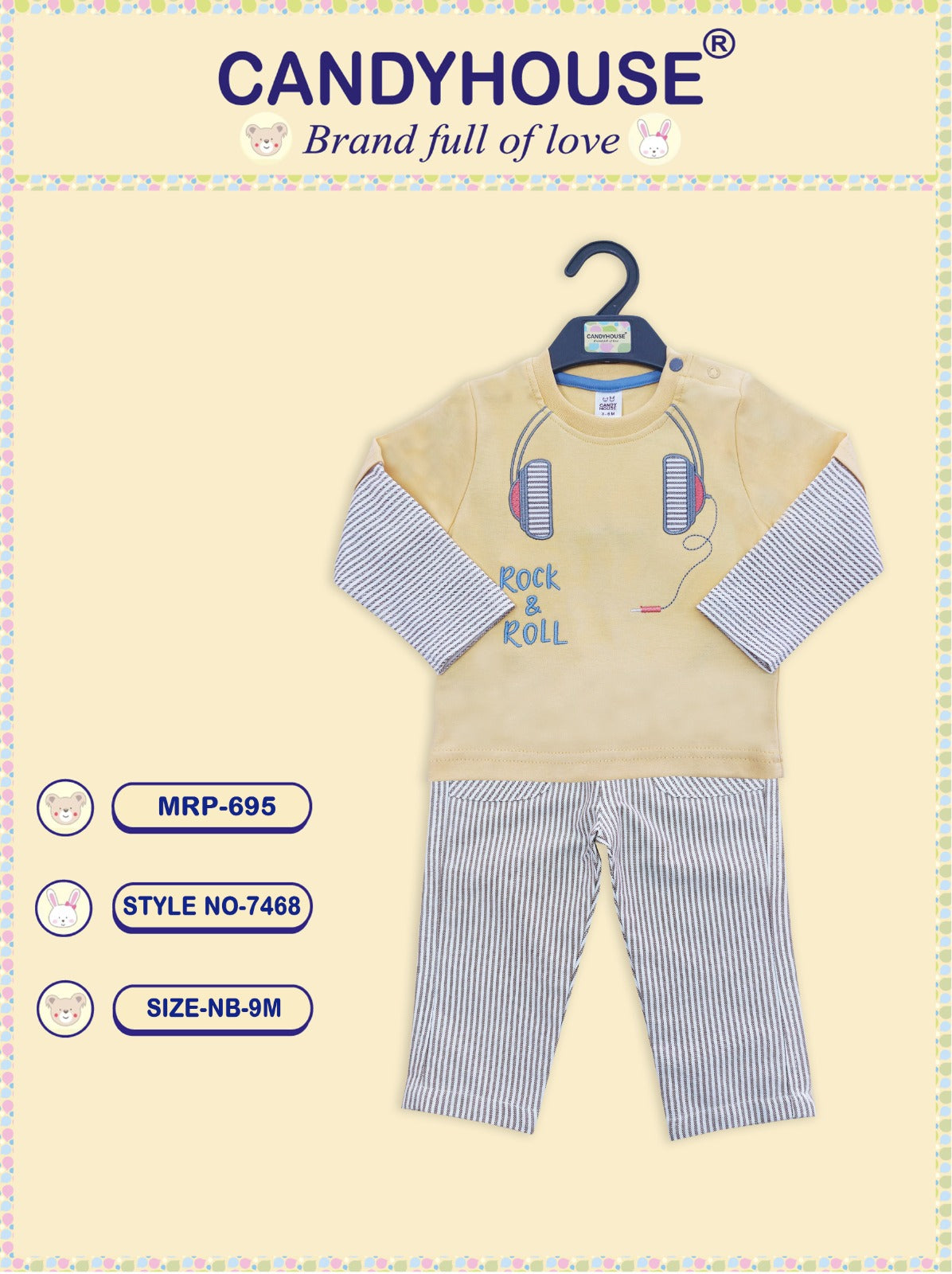 CandyHouse Interlock Knit Full Sleeves T shirt and Woven Striped Pants with Embroidery - Yellow & Grey