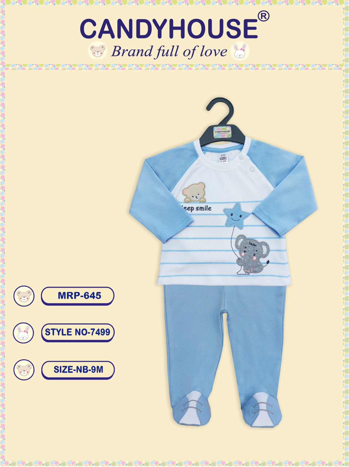 CandyHouse Interlock Knit Full Sleeves Suit With Embriodery and covered socks - Blue & White