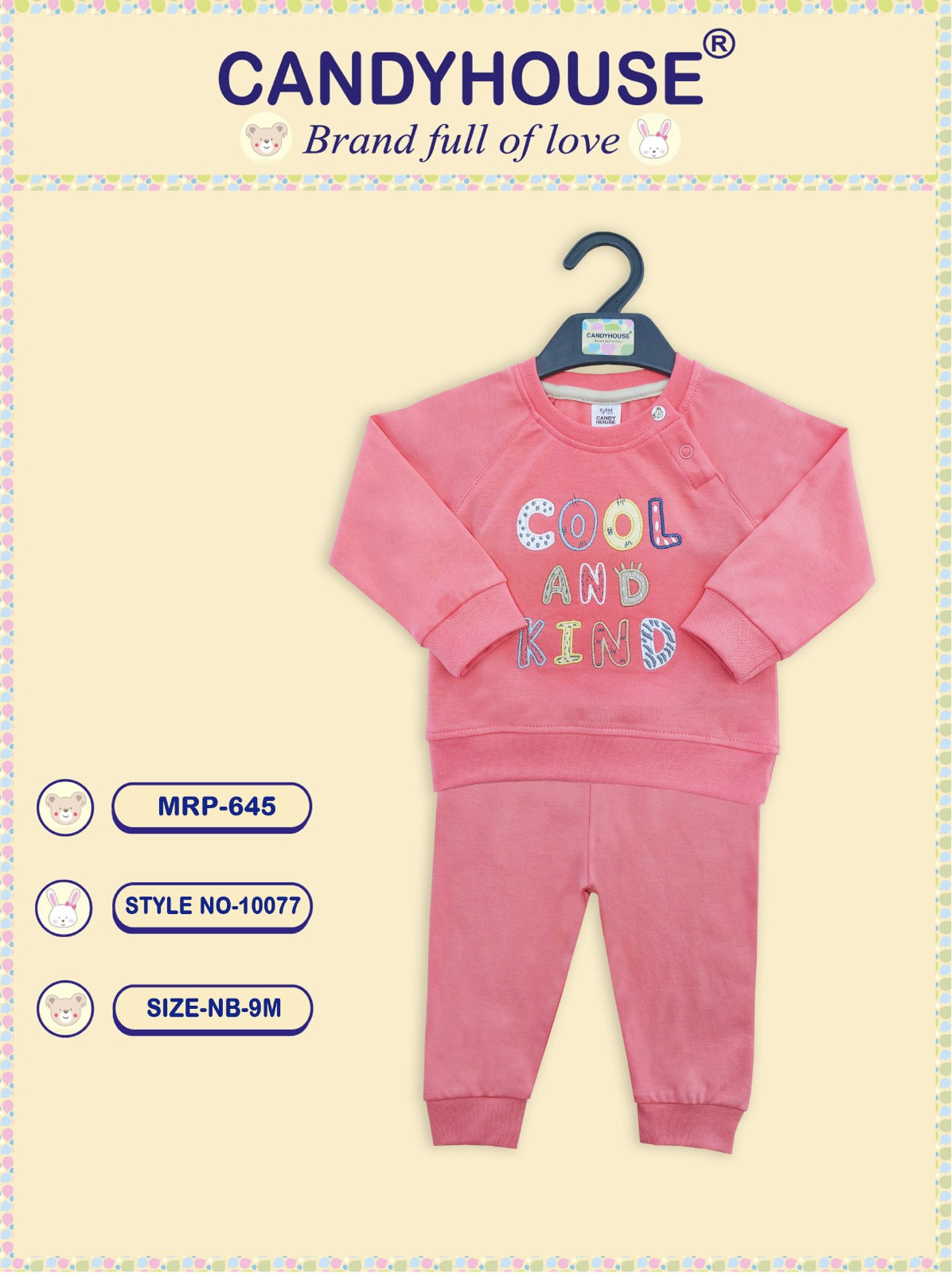 CandyHouse Interlock Knit Full Sleeves Suit With Embriodery - Peach