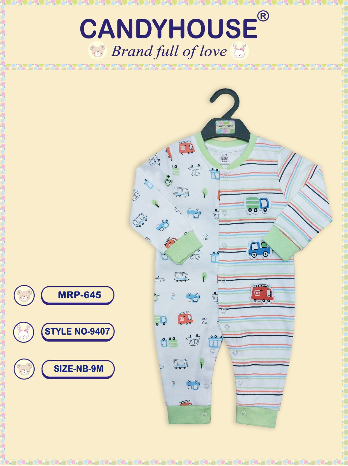 CandyHouse 100% Cotton Interlock Full Sleeves Romper/Sleep Suit with all over Car Print - Green Pista