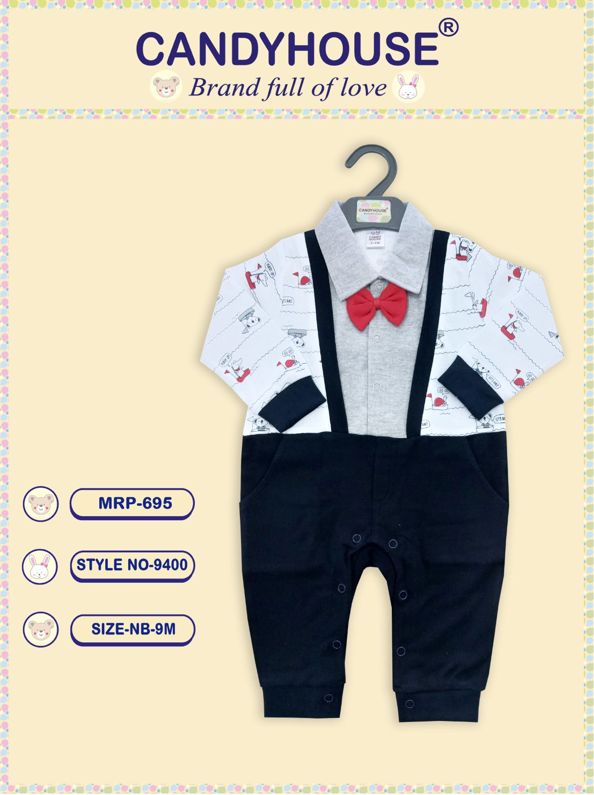 CandyHouse 100% Cotton Full Sleeves Romper with Collor and all over Print with attached Bow - Navy