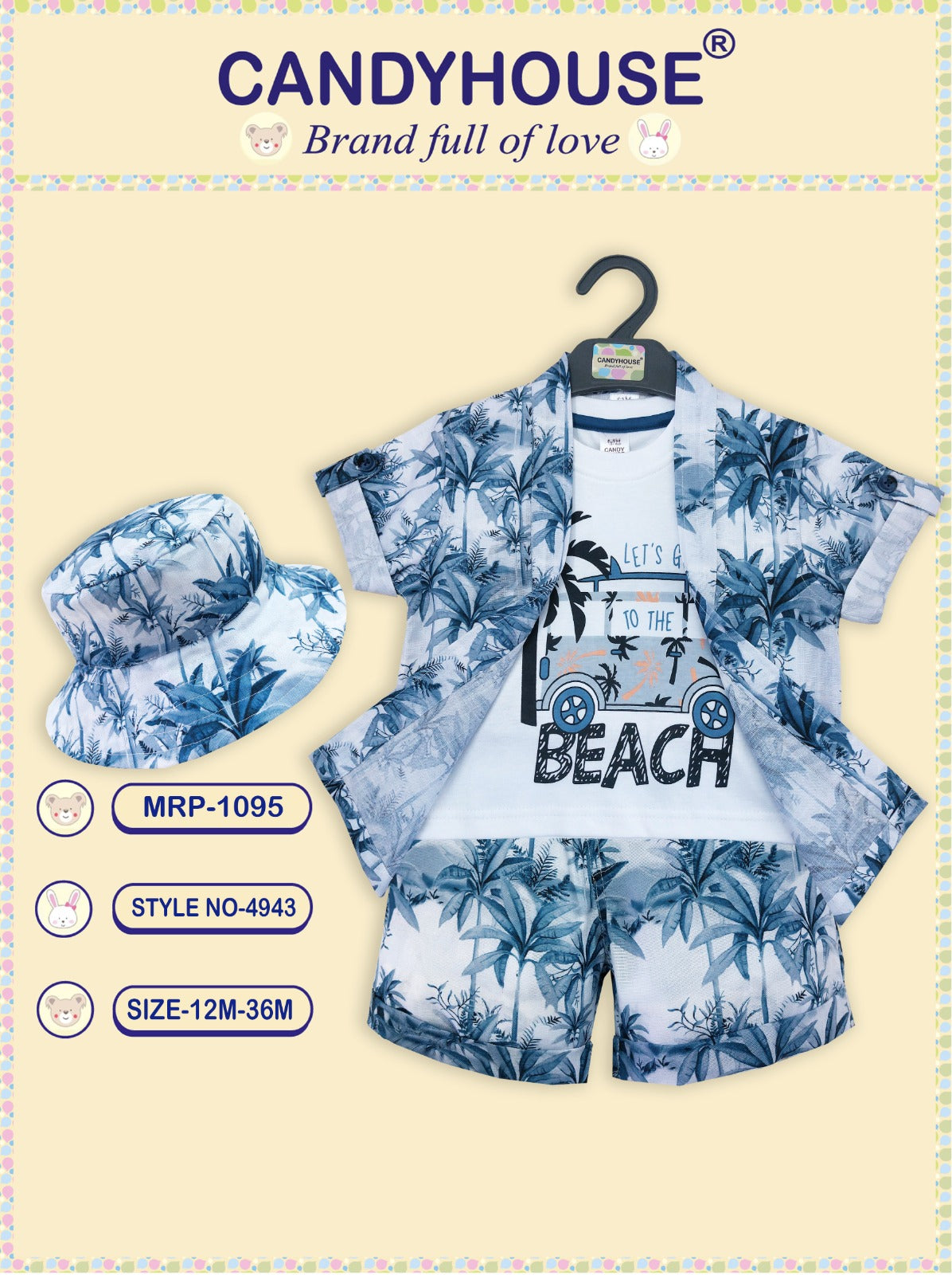 CandyHouse 100% Cotton Knit Half Sleeves Shirt, Sleeveless Knitted T-shirt & Shorts Set Floral With Cap - Navy Blue