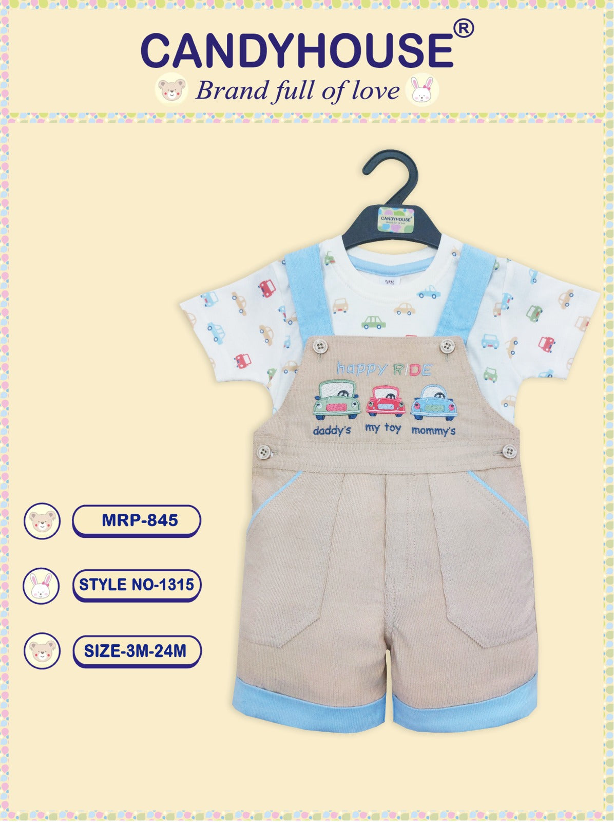 CandyHouse Cotton Woven Corduroy Embroidered Dungaree with Half Sleeves Striped T-Shirt - Sky Blue & Beige