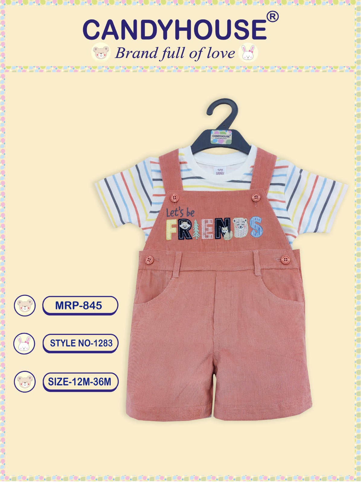 CandyHouse Cotton Woven Corduroy Embroidered Dungaree with Half Sleeves Striped T-Shirt - White & Orange
