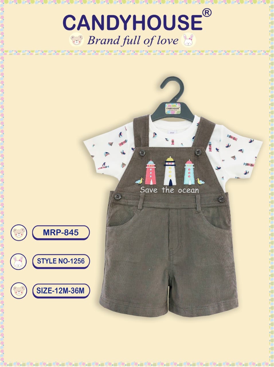 CandyHouse Cotton Woven Corduroy Embroidered Dungaree with Half Sleeves Printed T-Shirt - White & Dark Choclate