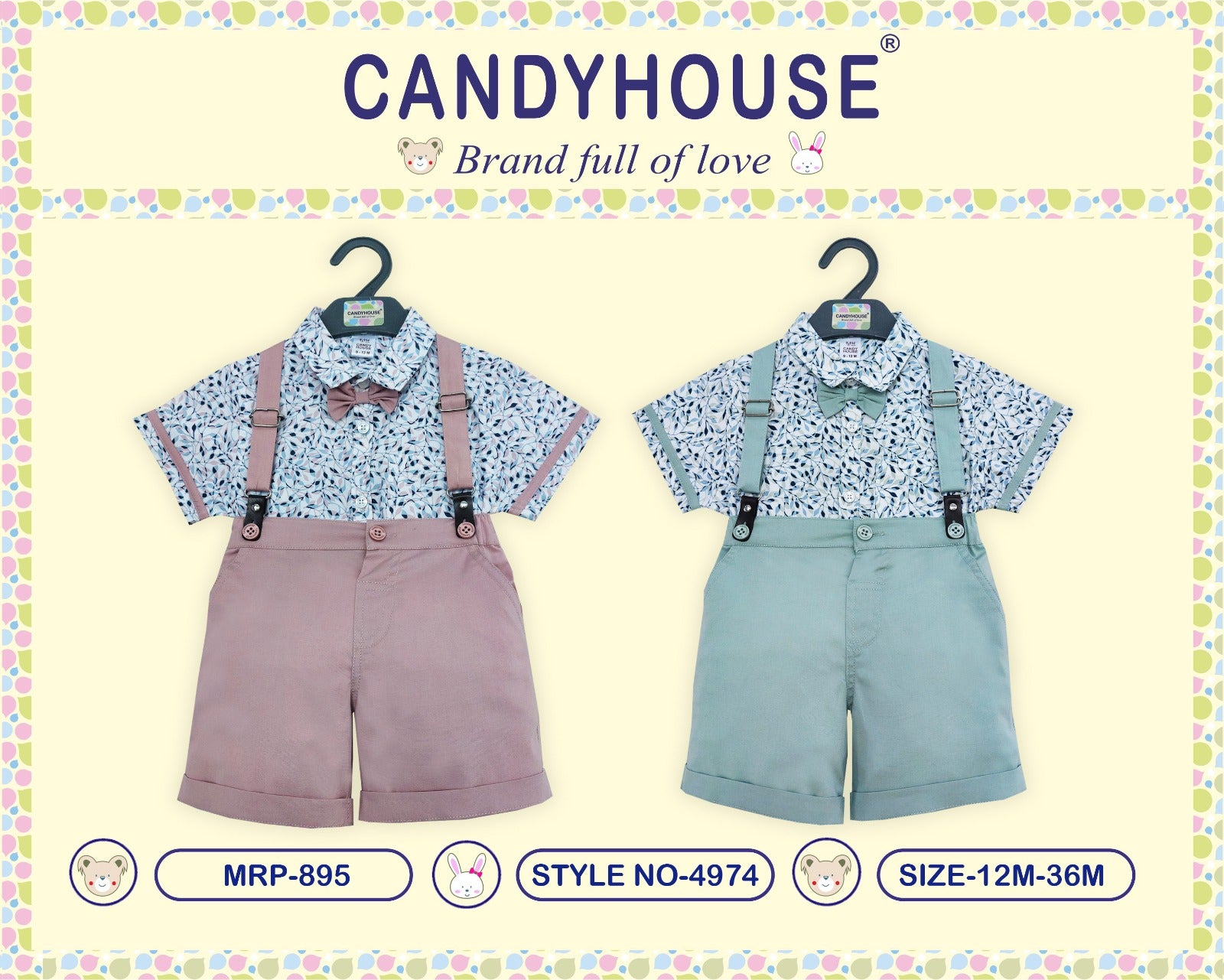 CandyHouse Poplin Woven Half Sleeves Printed Partywear Shirt & Short Set With Suspender and Bow - Peach & Green