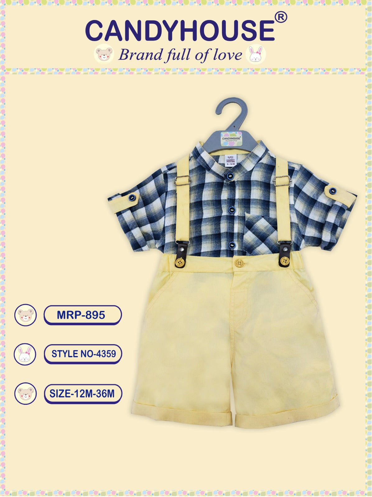 CandyHouse Poplin Woven Half Sleeves Checks Partywear Shirt & Short Set With Suspender - Yellow