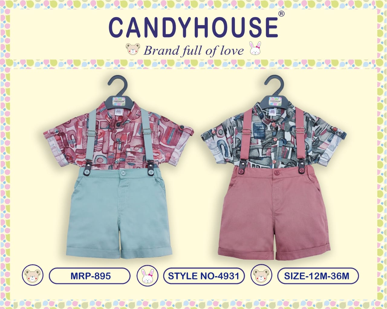 CandyHouse Poplin Woven Half Sleeves Printed Partywear Shirt & Short Set With Suspender and Bow - Peach & Green