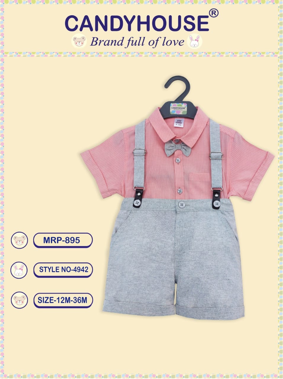 CandyHouse Poplin Woven Half Sleeves Plain Partywear Shirt & Short Set With Suspender and Bow - Milange Grey