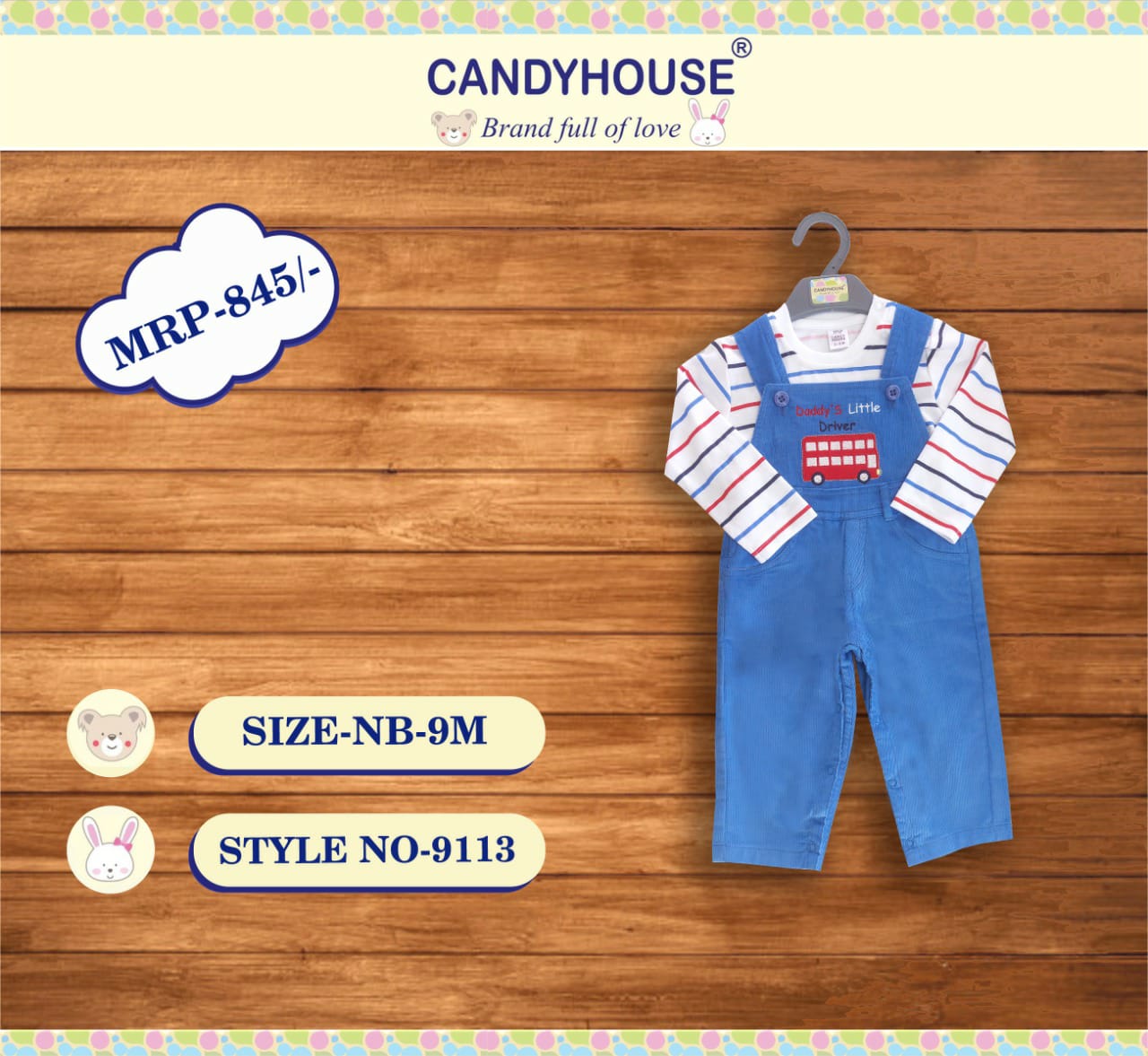 CandyHouse Cotton Woven Corduroy Embroidered Dungaree with Full Sleeves Striped Printed T-Shirt - White & Royal Blue