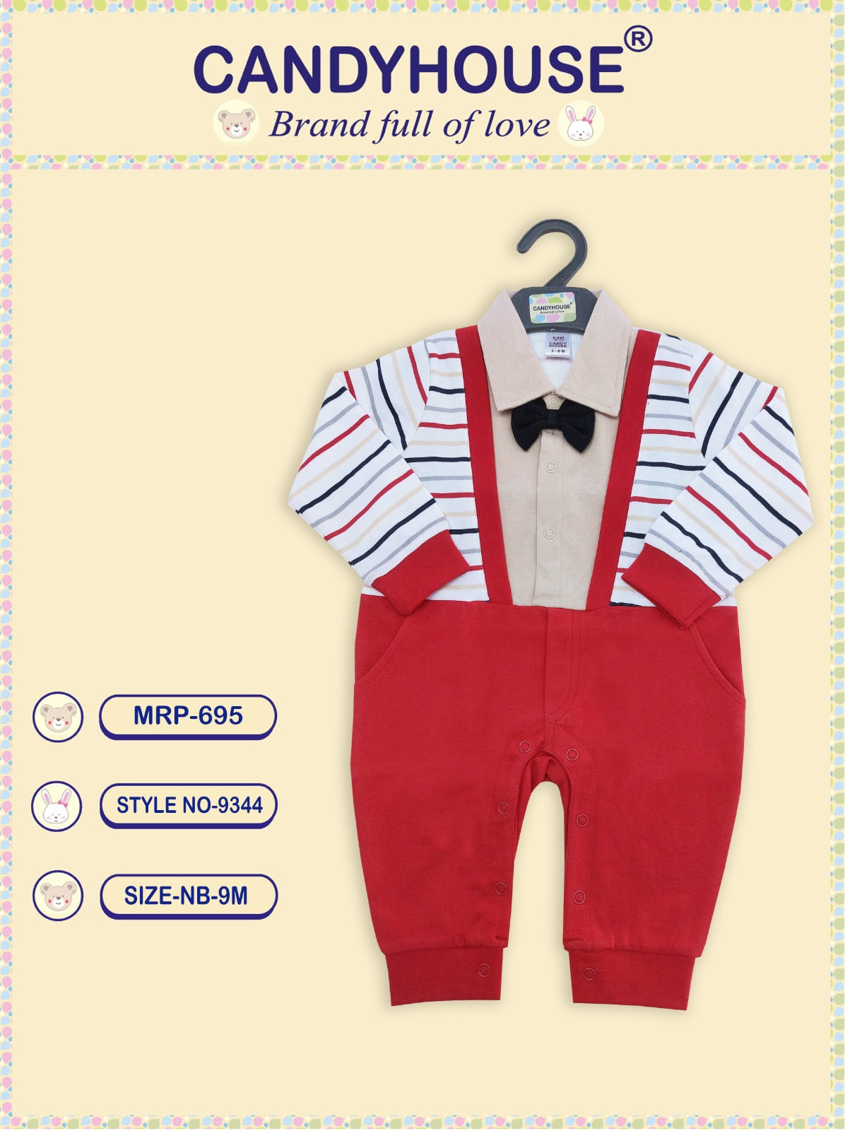 CandyHouse 100% Cotton Full Sleeves Romper with Collor and Bow - Red & Beige