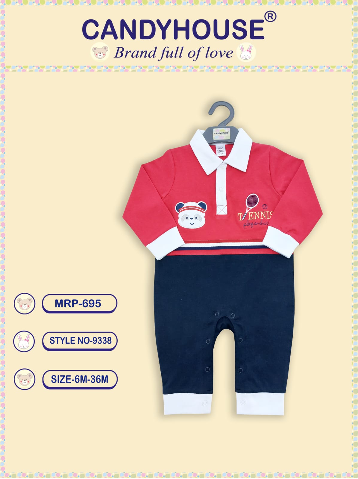 CandyHouse 100% Cotton Full Sleeves Romper with Collor and Embroidery - Navy Blue & Red