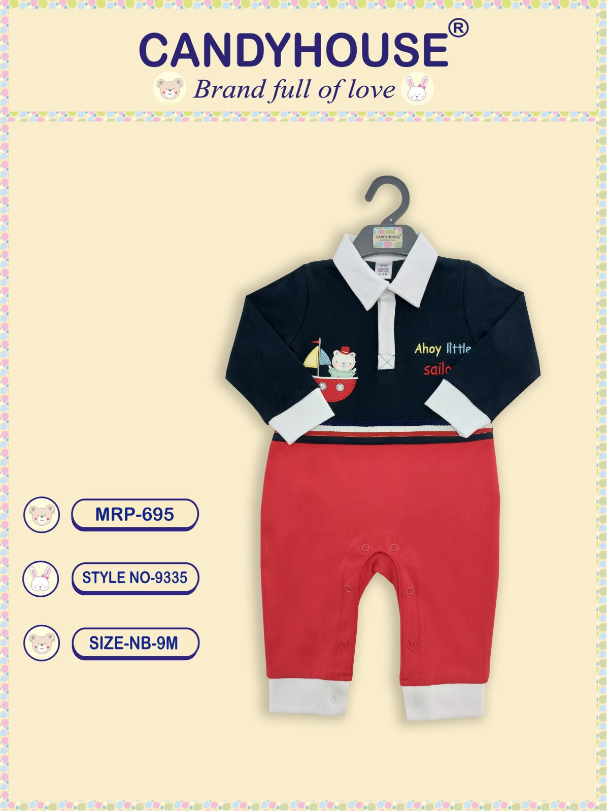 CandyHouse 100% Cotton Full Sleeves Romper with Collor and Embroidery - Navy Blue & Red (Copy)