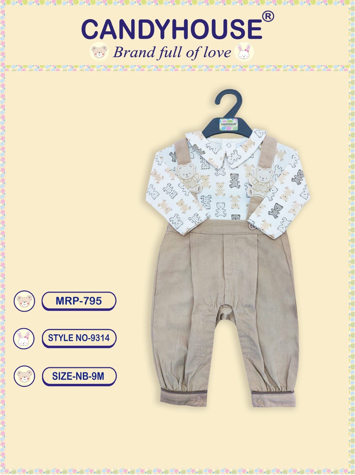 CandyHouse Cotton Woven Corduroy Embroidered Romper with Full Sleeves Teddy Printed T-Shirt with Bow - Beige & White