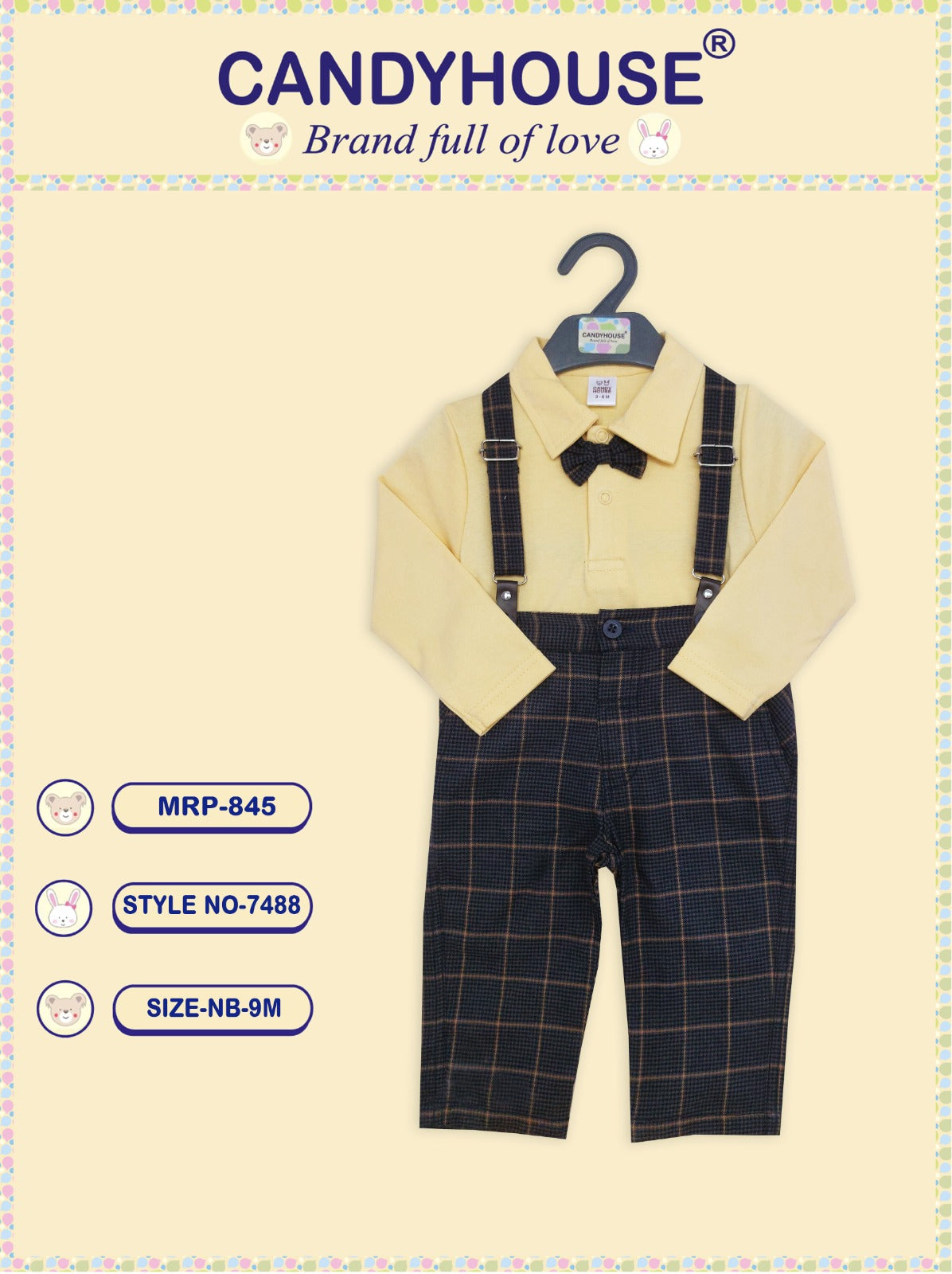 CandyHouse Full Sleeves Collor T-Shirt with bow & Burberry Trouser Set With Suspender - Yellow & Grey