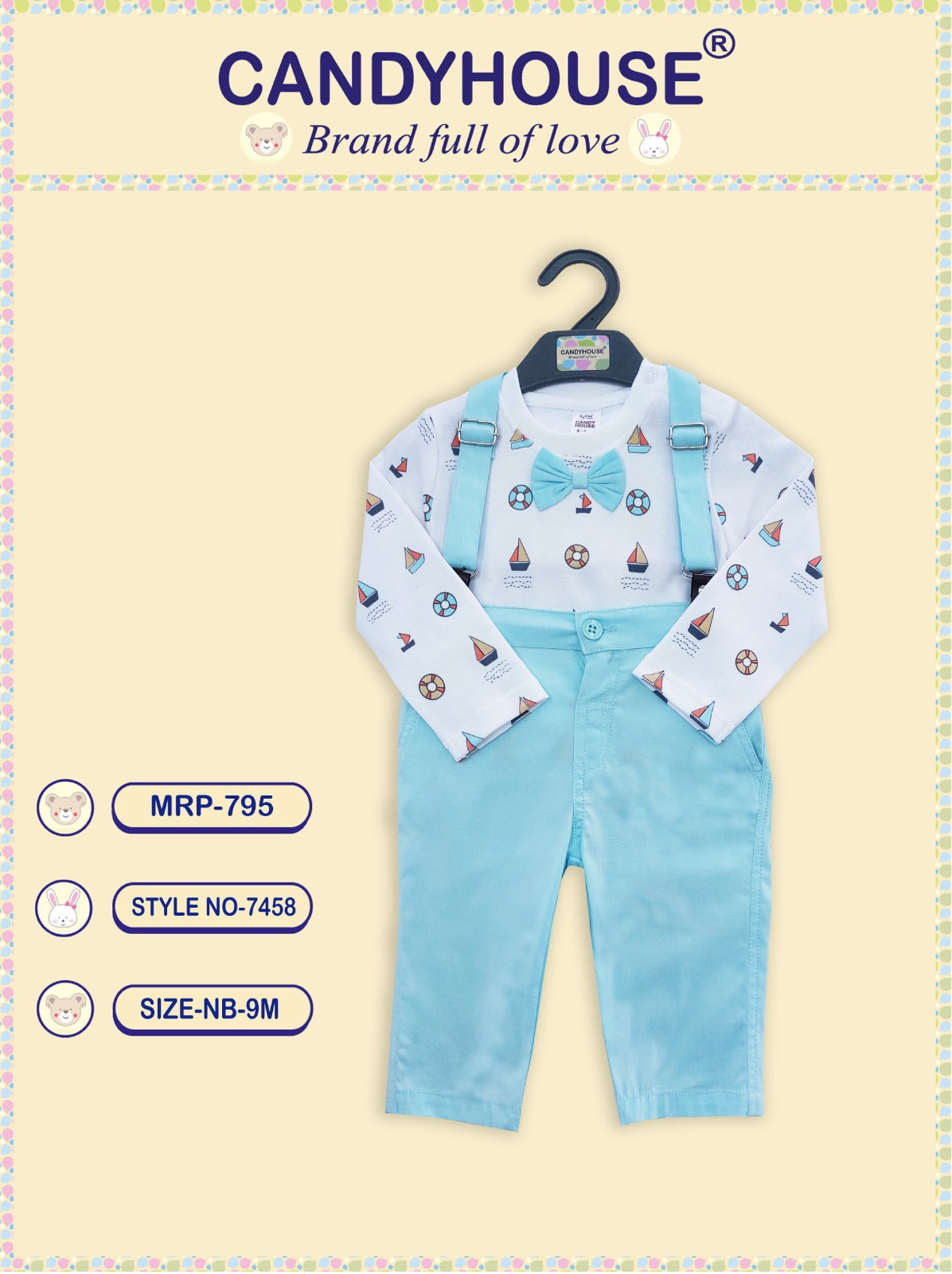 CandyHouse Full Sleeves Ship Print T-Shirt with bow & Trouser Set With Suspender - Sky Blue