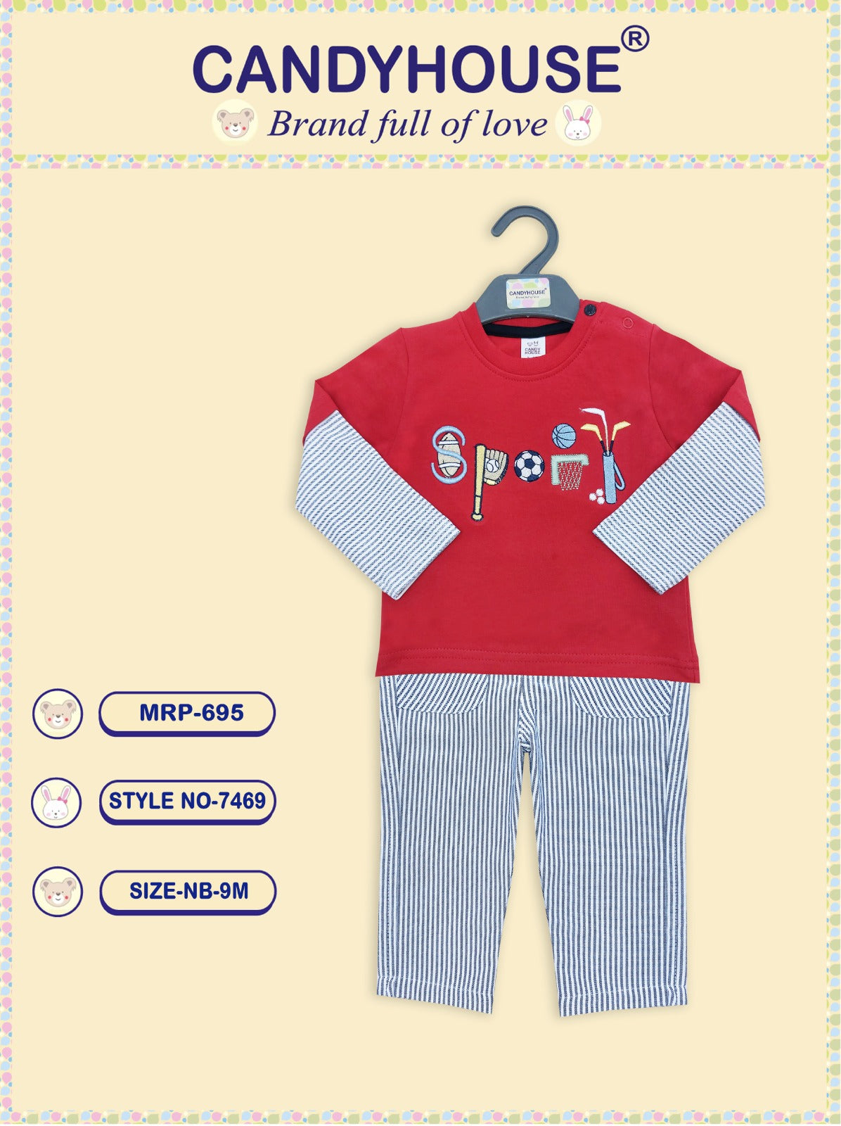 CandyHouse Interlock Knit Full Sleeves T shirt and Woven Striped Pants with Embroidery - Red & Grey