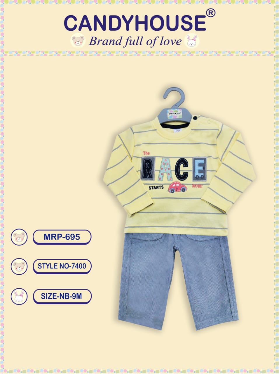 CandyHouse 100% Knitted Cotton Full Sleeves Striped T-Shirt & Woven Corduroy Pants Set With Embroidery - Yellow & Blue