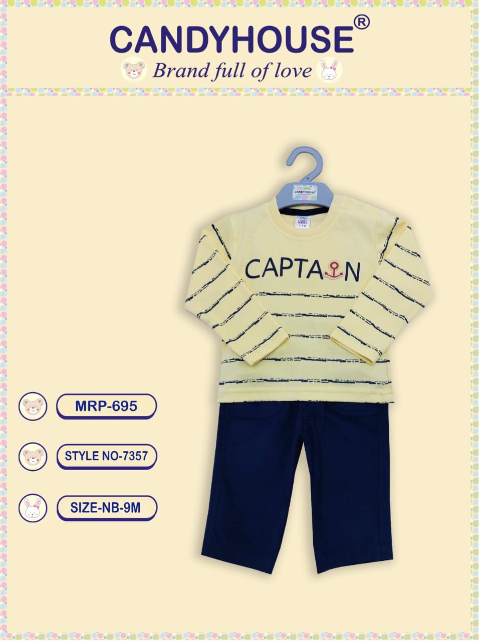 CandyHouse 100% Knitted Cotton Full Sleeves Striped T-Shirt & Woven Corduroy Pants Set With Prints - Yellow & Navy