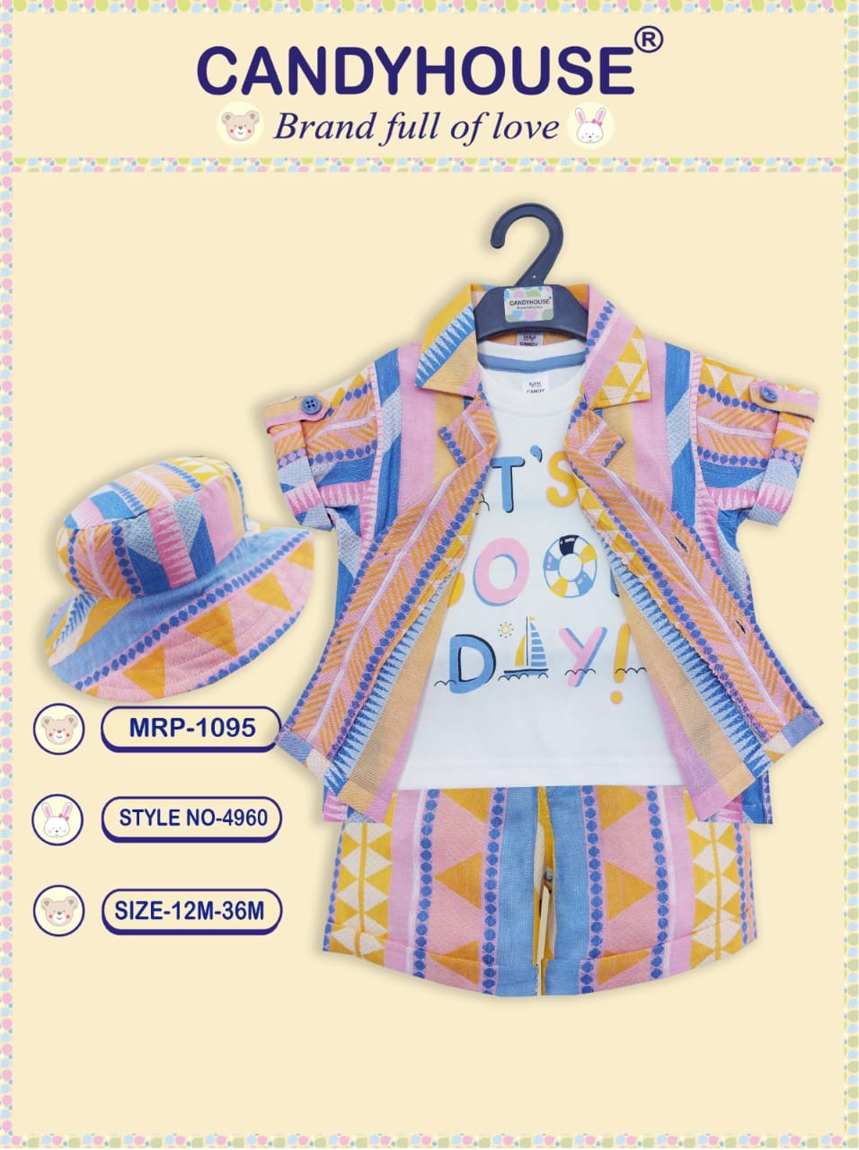 CandyHouse 100% Cotton Knit Half Sleeves Shirt, Sleeveless Knitted T-shirt & Shorts Set Floral With Cap - Multicolour