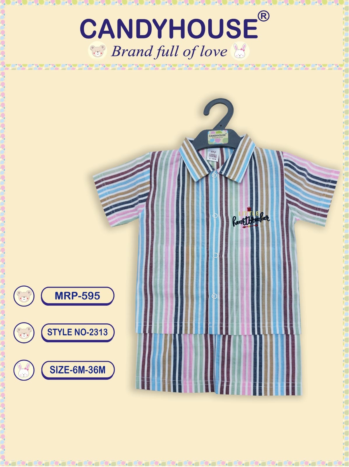 CandyHouse 100% Cotton Knit Half Sleeves Shirt & Shorts Set Striped - Multicolour