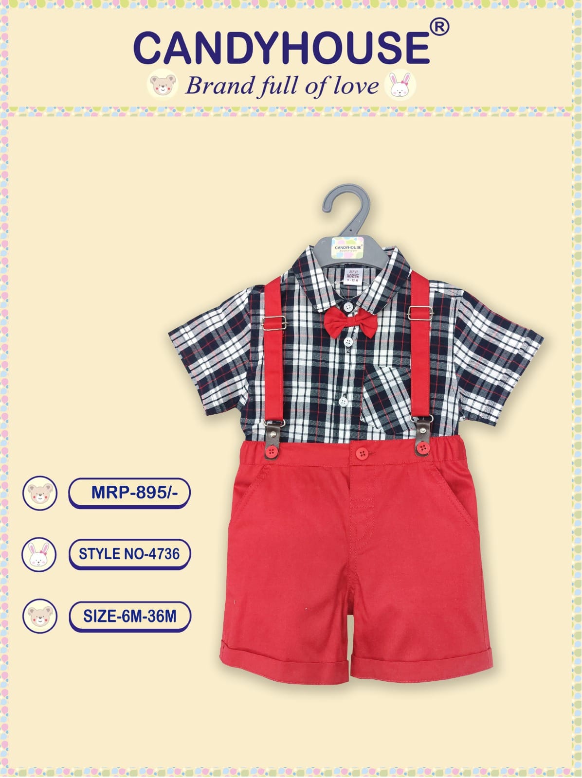 CandyHouse Poplin Woven Half Sleeves Checks Partywear Shirt & Short Set With Suspender and Bow - Red