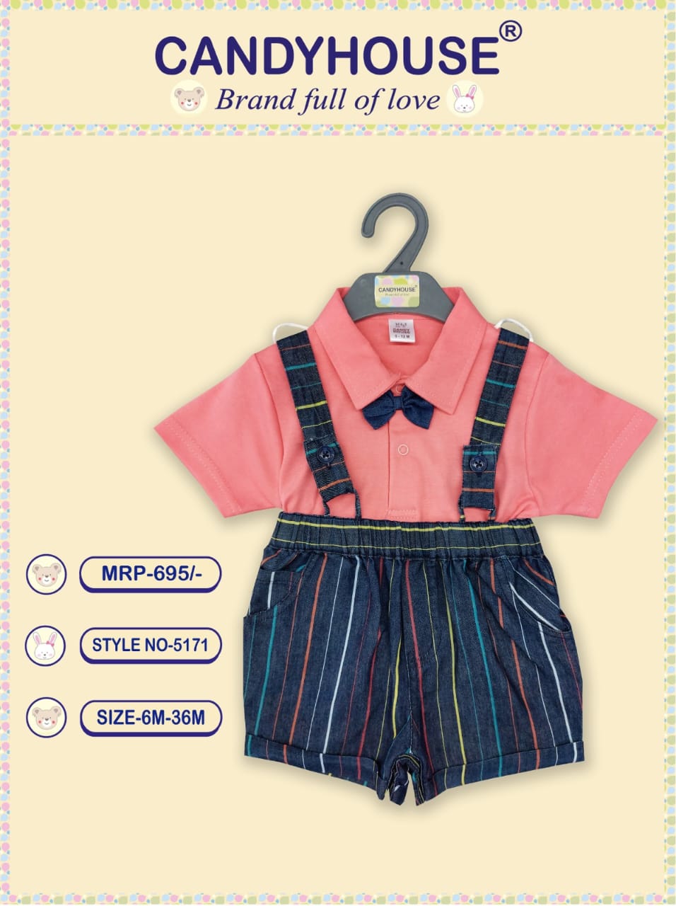 CandyHouse Cotton Woven Knitted Half Sleeves T-Shirt & Striped Bottom Set With Attached Suspender and Bow - Peach