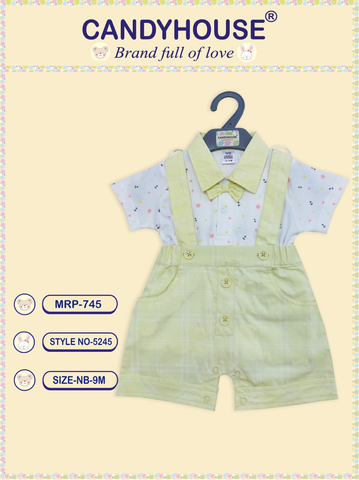 CandyHouse Cotton Woven Knitted Half Sleeves T-Shirt & Striped Bottom Set With Attached Suspender and Bow - Lemon