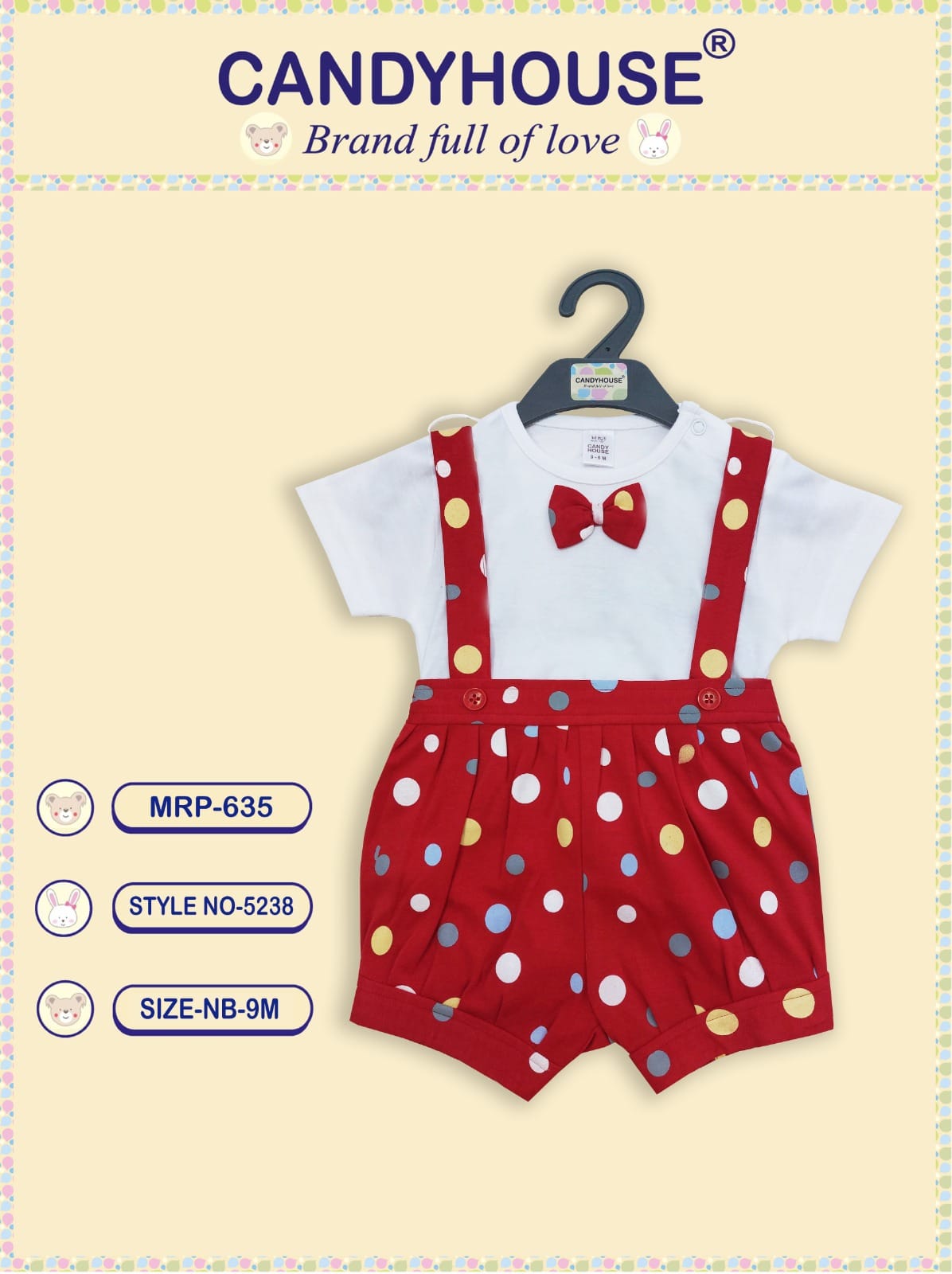 CandyHouse Cotton Interlock Half Romper Dotted and Half Sleeves Plain Inner Tee with Bow - Red