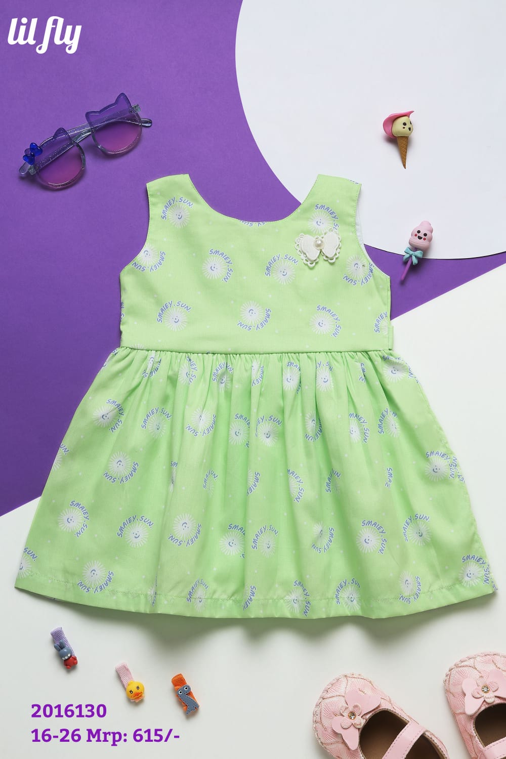 Lil Fly Cotton Smiley Everyday Frock with back knot belt - Green