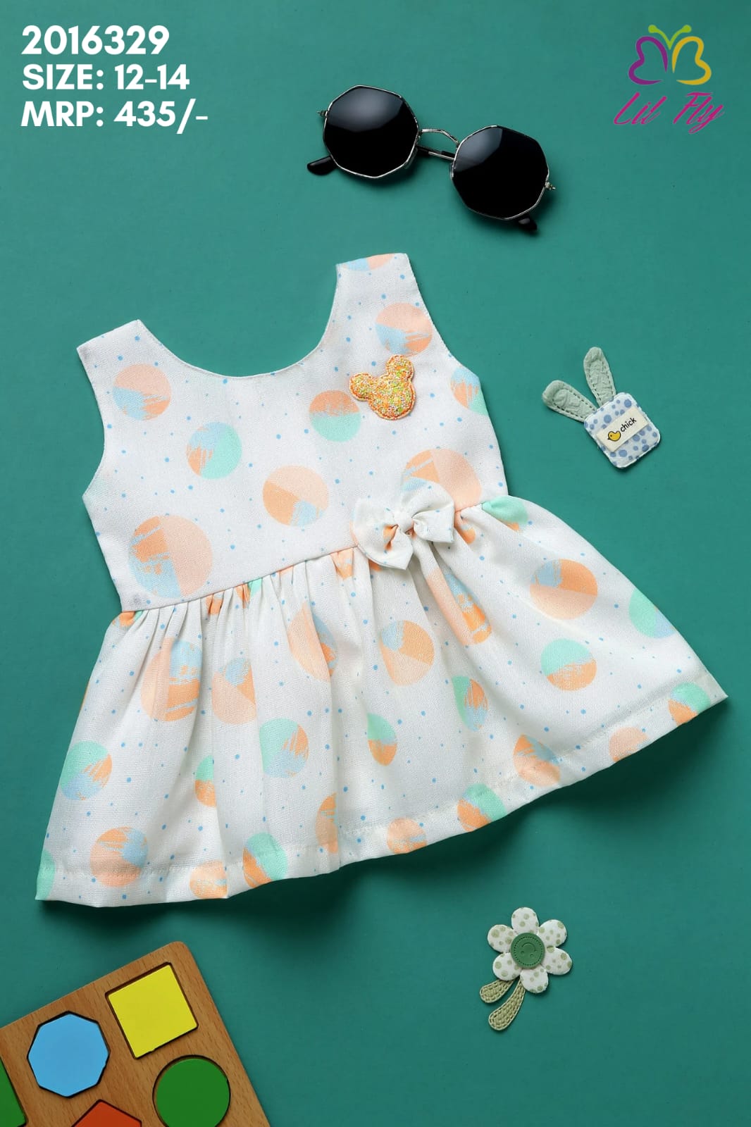 Lil Fly Cotton Print Everyday Frock with dots and bow - Orange & White