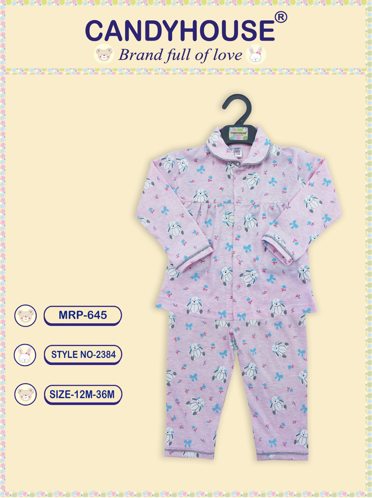 CandyHouse Cotton Knit Full Sleeves Night Suit With Print - Pink