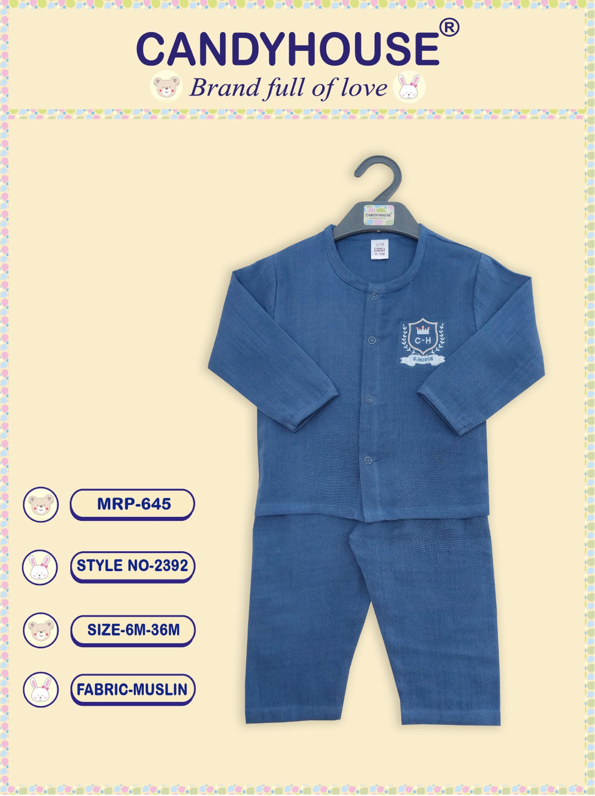 CandyHouse Cotton Muslin Full Sleeves Night Suit with Applique - Navy Blue