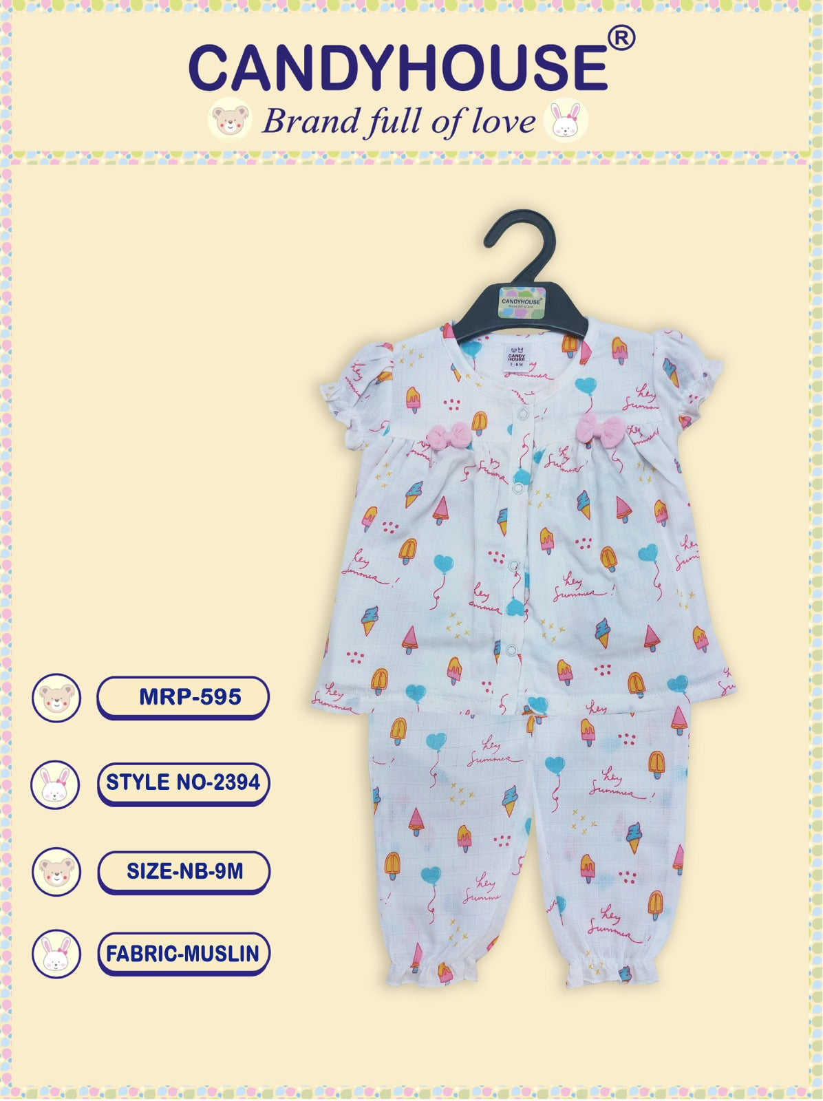 CandyHouse Cotton Muslin Half Sleeves Night Suit with all over print - White