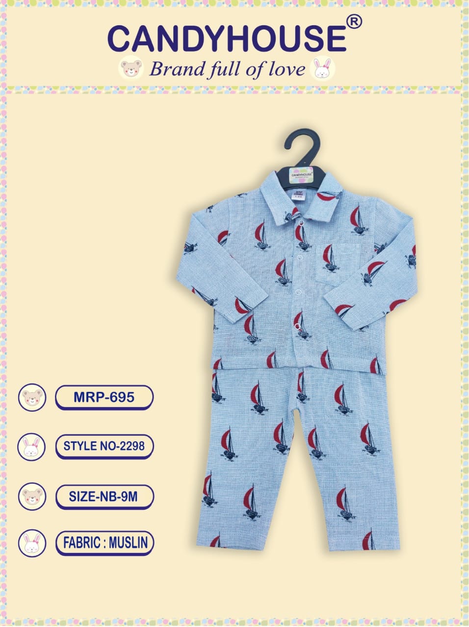CandyHouse Cotton Muslin Full Sleeves Collor Night Suit with all over print - Blue