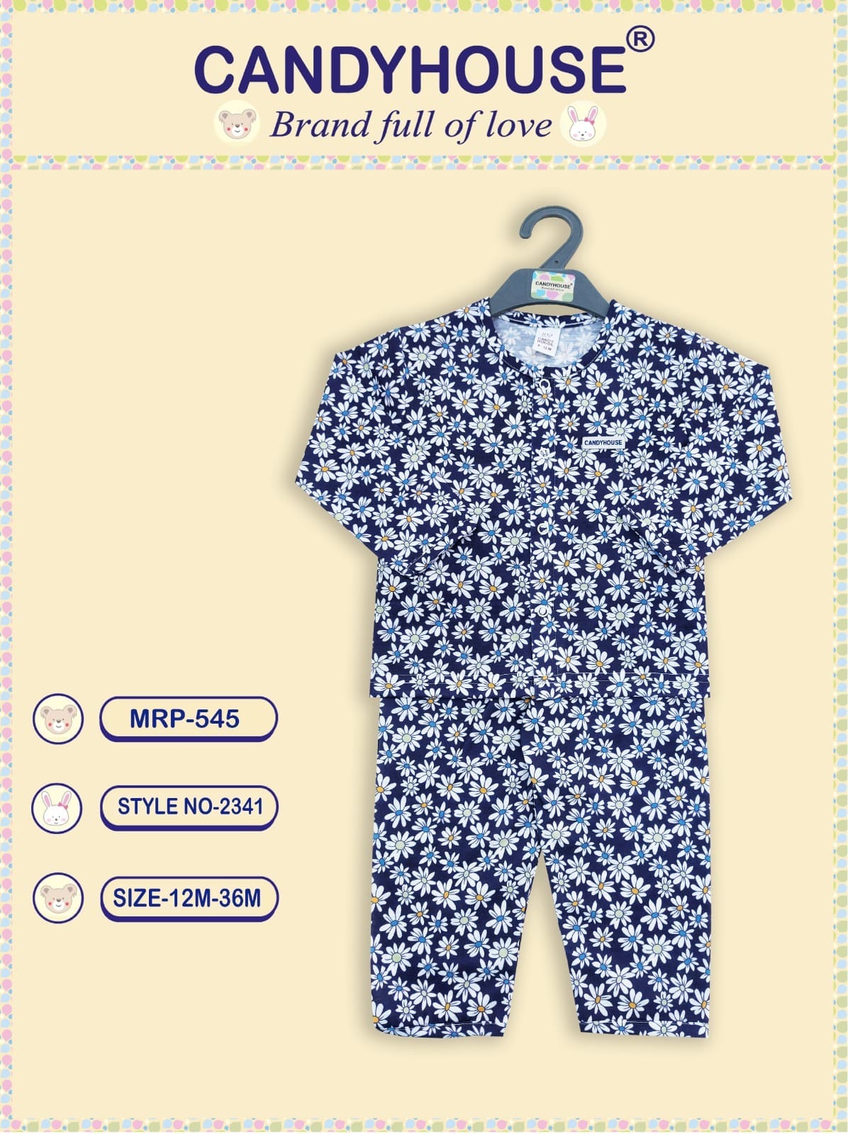 CandyHouse Cotton Knit Full Sleeves Night Suit With Print - Navy Floral