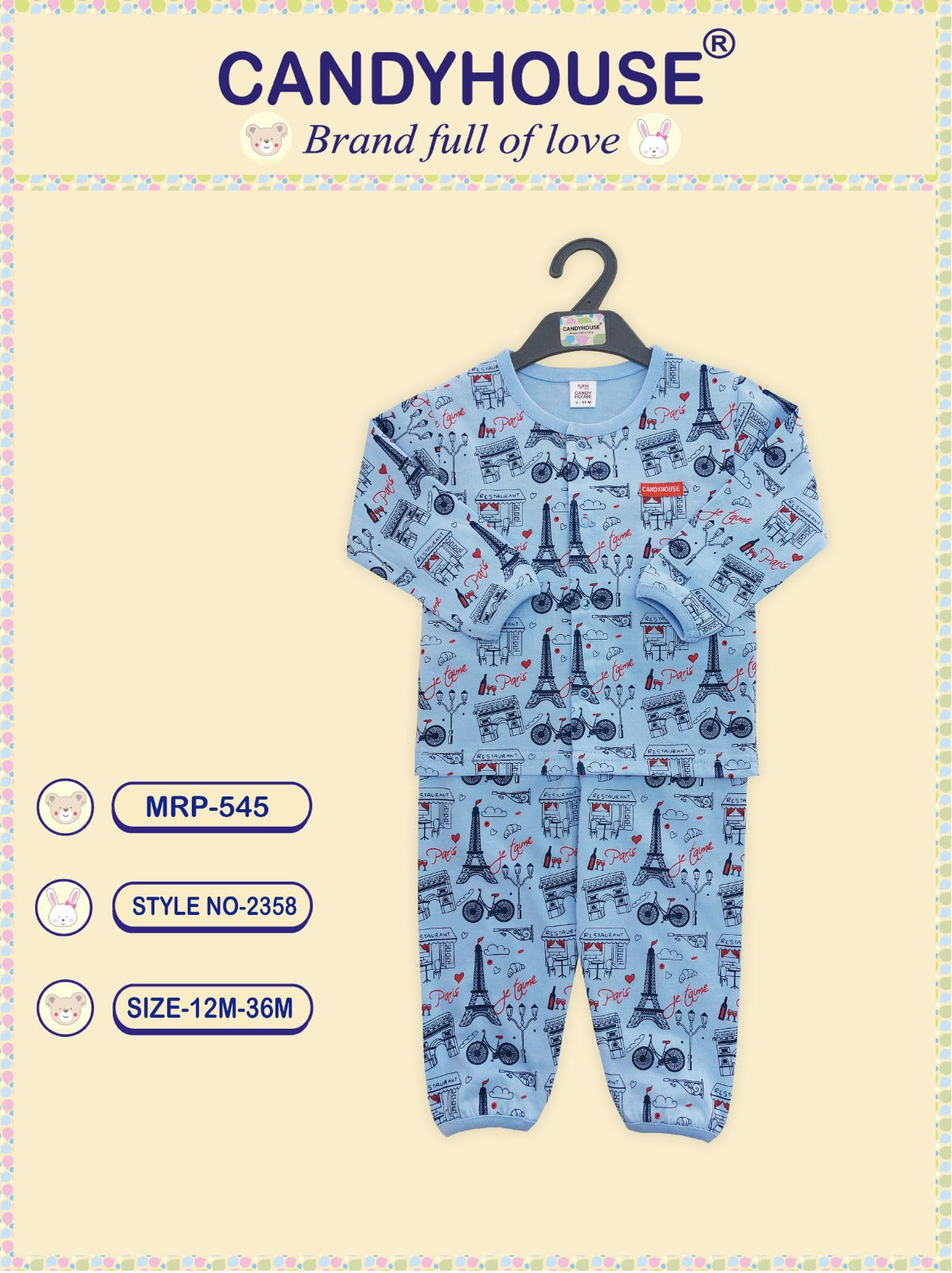 CandyHouse Cotton Knit Full Sleeves Night Suit With Print - Blue