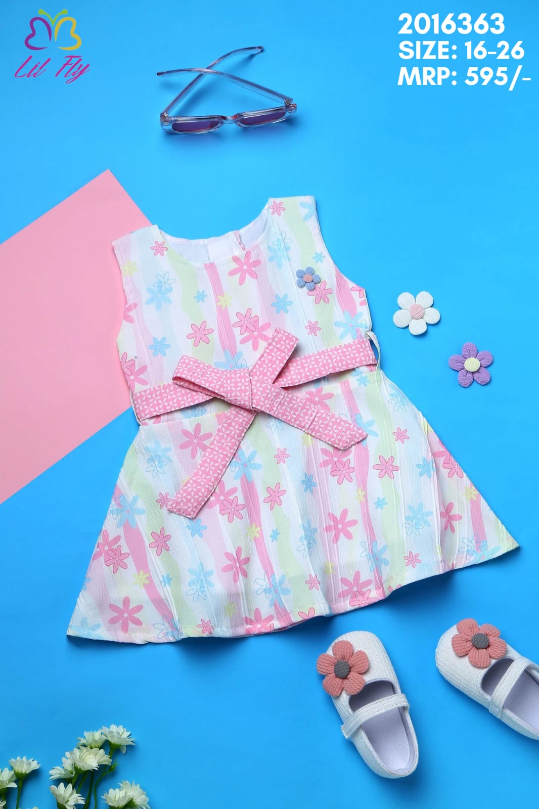 Lil Fly Cotton Woven Crush Sleeveless Floral Frock With Flower with Belt - Pink