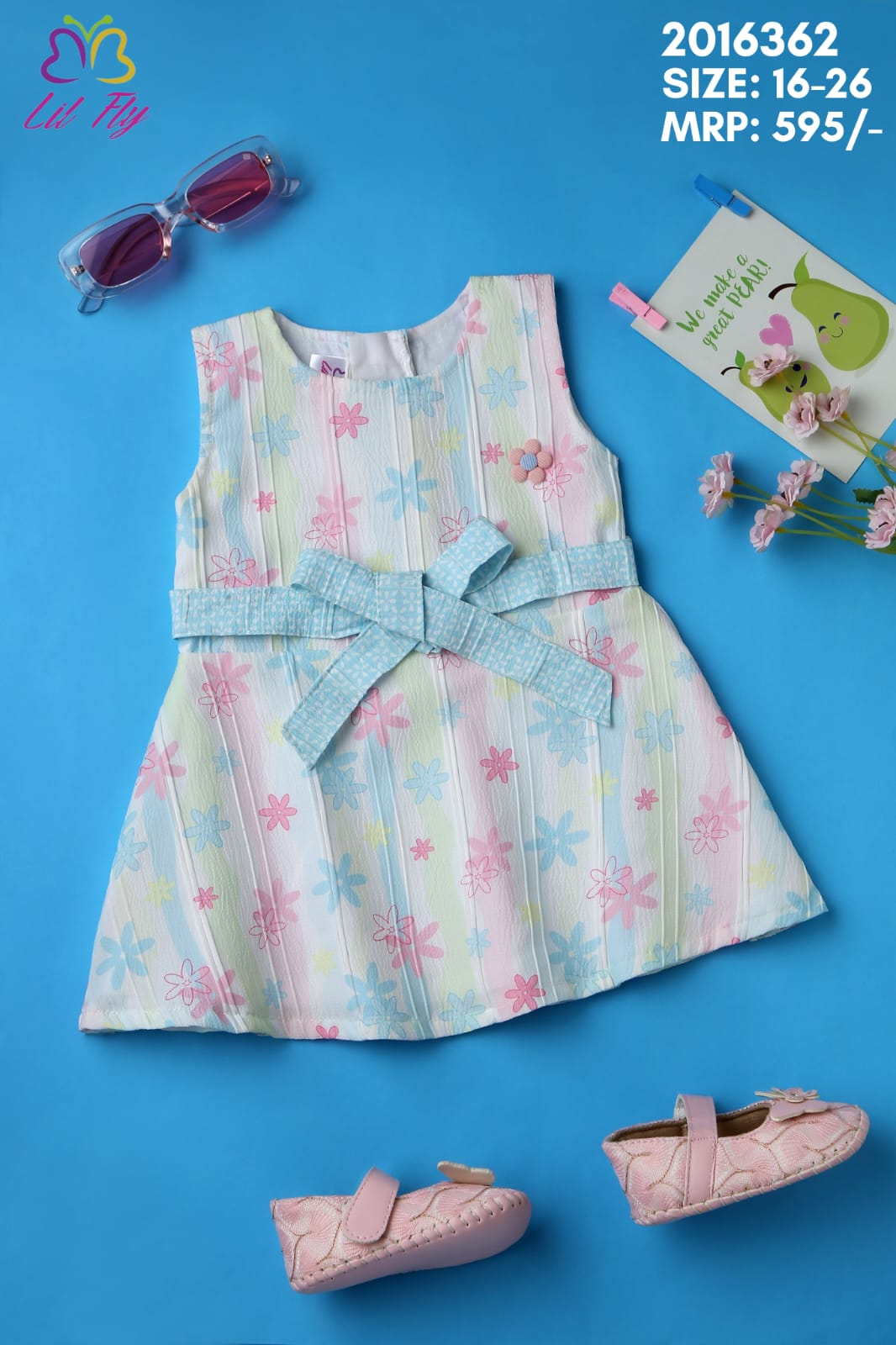Lil Fly Cotton Woven Crush Sleeveless Floral Frock With Flower with Belt - Blue