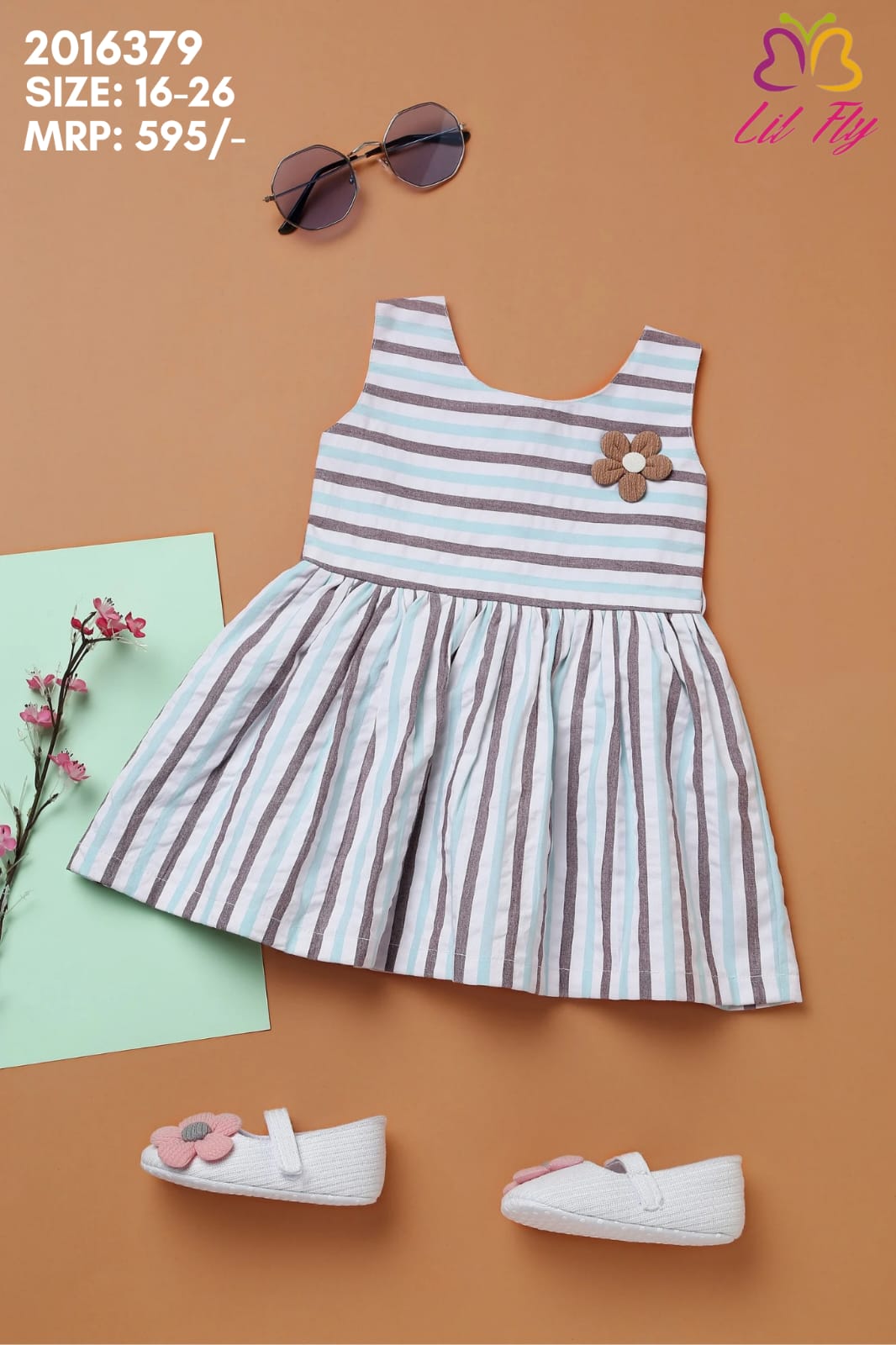 Lil Fly Cotton Woven Sleeveless Frock Striped With Flower - Green